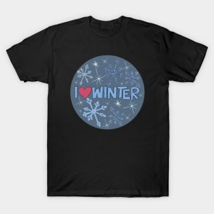 I Heart Winter Illustrated Text with snowflakes T-Shirt